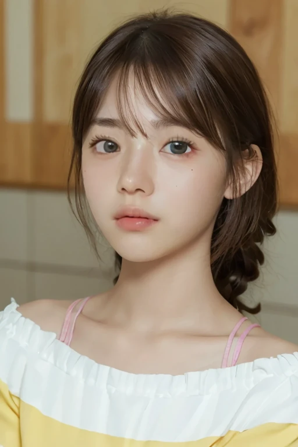 (8K、Raw photo、A hyper-realistic: 1.3)、Cute idol face of a 14 year old with young features、(bangss、A hyper-realisticな肌の質感: 1.4)、(Looking at the camera、Patchy eyes: 1.5)、(Cute clothes、livingroom:1.3)