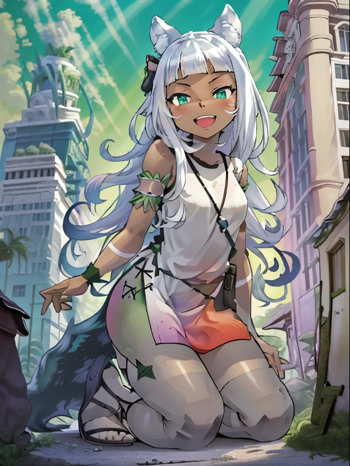Ochette, girl, dark skin, white hair, green eyes, giantess, huge, small viewer, 70 ft tall, cute, full body, best quality, pink dress, metal bracelets, larger than buildings, flat ground, street, ground visible, black shorts, wearing shorts, adorable, kind, gentle, empty hands, small build, slim, smiling, detailed mouth, size difference, kneeling over skyscrapers, sandals, tiny city, socks, loose clothes, perfect proportions, blushing, wolf tail