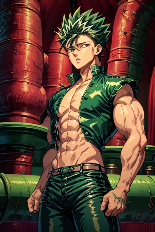 Highly detailed, (masterpiece), best quality, expressive eyes, perfect face, 1man, long spiky wavy raising hair, Green hair, green eyes, Bulky Body Builder Masculine body, Green leather Jacket & Jeans