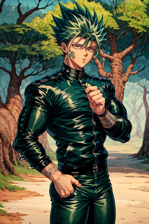 Highly detailed, (masterpiece), best quality, expressive eyes, perfect face, 1man, long spiky wavy raising hair, Green hair, green eyes, Bulky Body Builder Masculine body, Green leather Jacket & Jeans