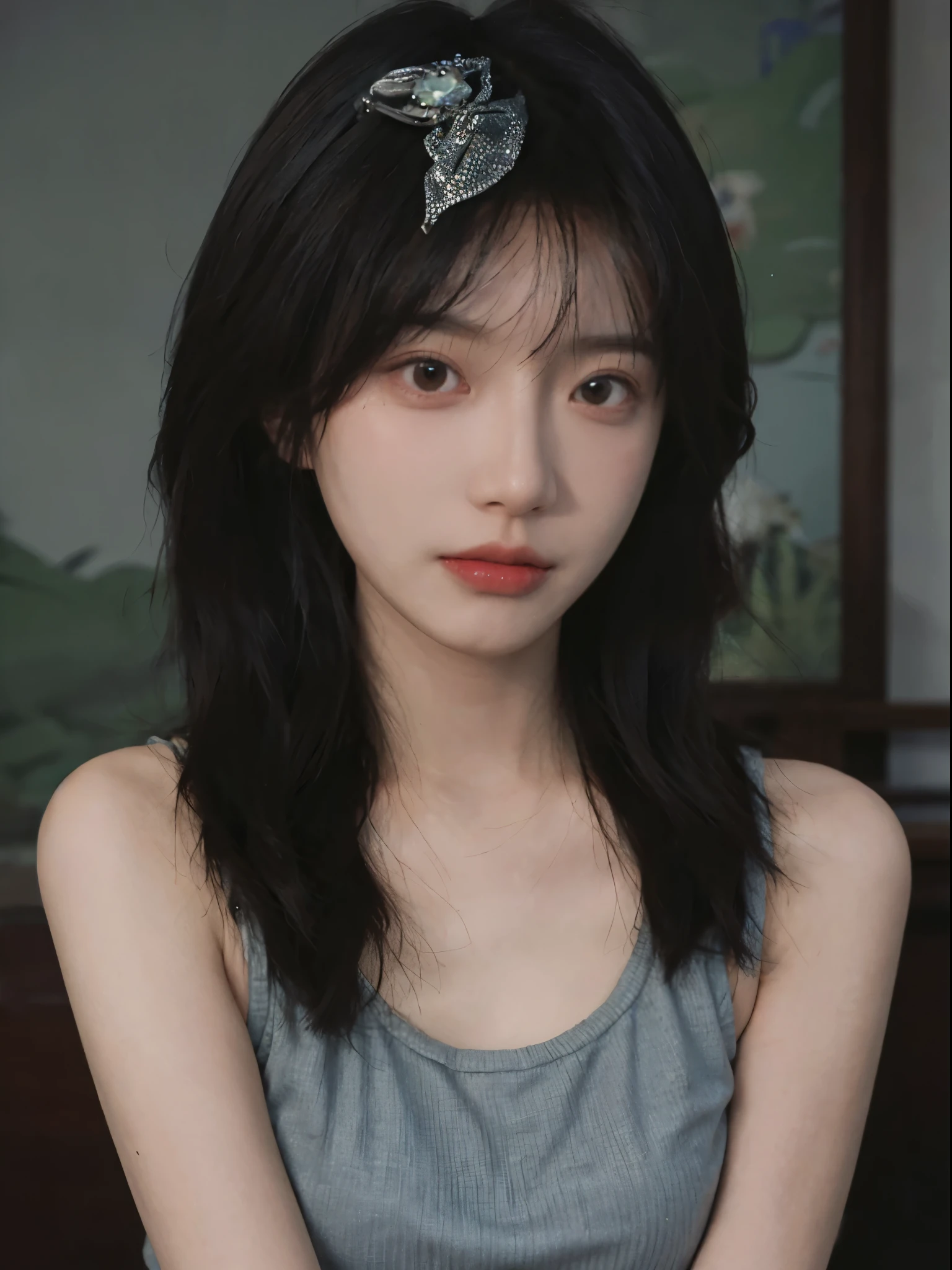 super high image quality,8K,Close-up of a woman with long hair and white tank top, jinyoung shin, Cute and delicate face, Urzans, beautiful Korean women, author:Against the sky, author:Zhang Han, xintong chen, Korean girls, young and lovely Asian face, by Ye Xin, beautiful young korean woman, Beautiful and delicate face, ruan jia beautiful!, Avatar avatar