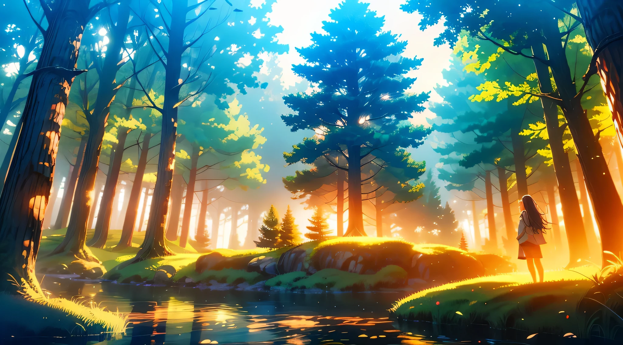 Generate a fantasy Forrest in the night at light sunrise and a person that stands by a lake