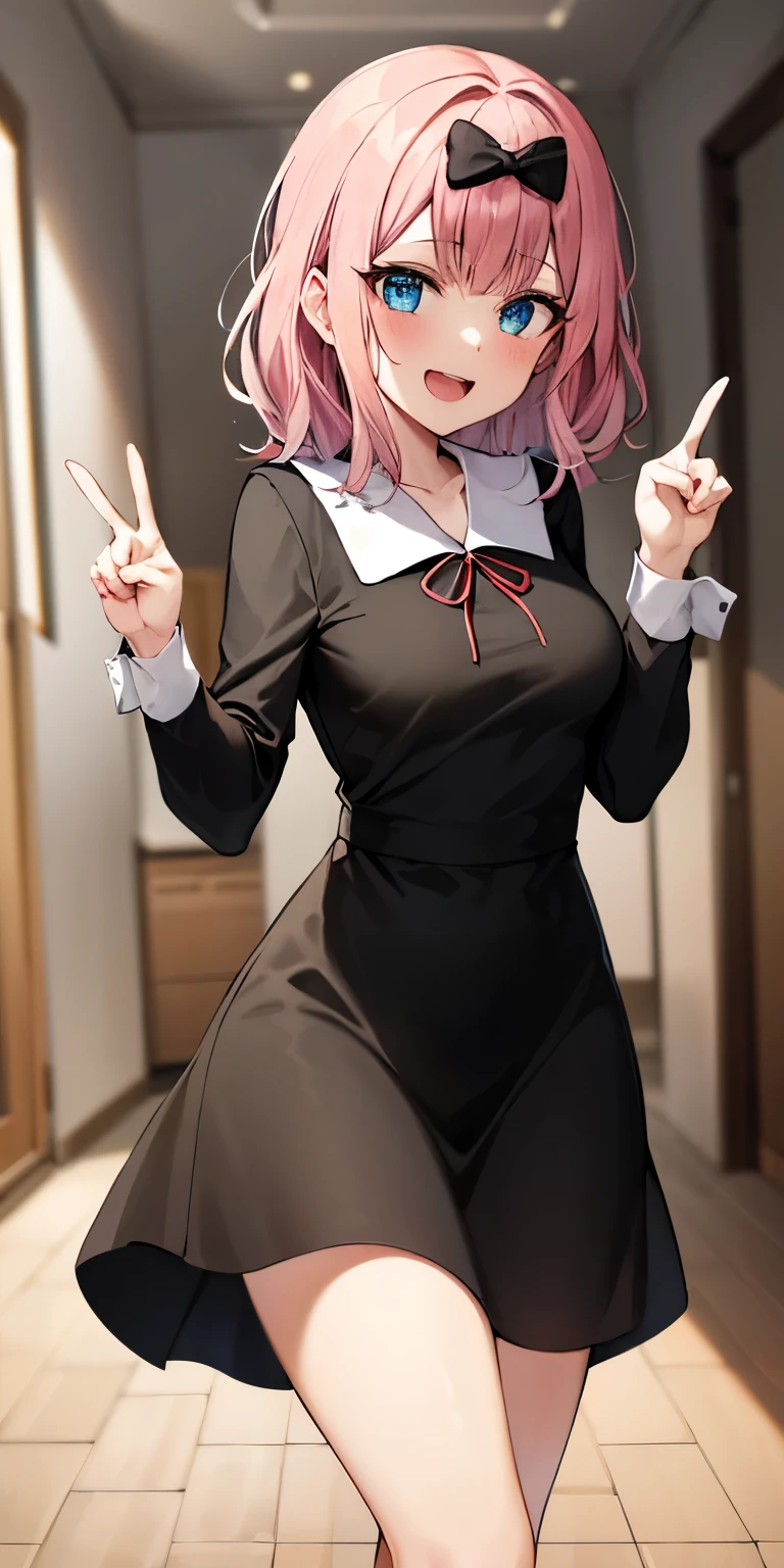 2D, masterpiece, top-quality, animesque, ighly detailed, cowboy shot, 1girl in, 独奏, Chika Fujiwara, blue eyess, A pink-haired, Hair bow, Black bow, 校服, 夏の校服, is standing, Indoors, hallway, (double peace:1.3), The best smile, open open mouth