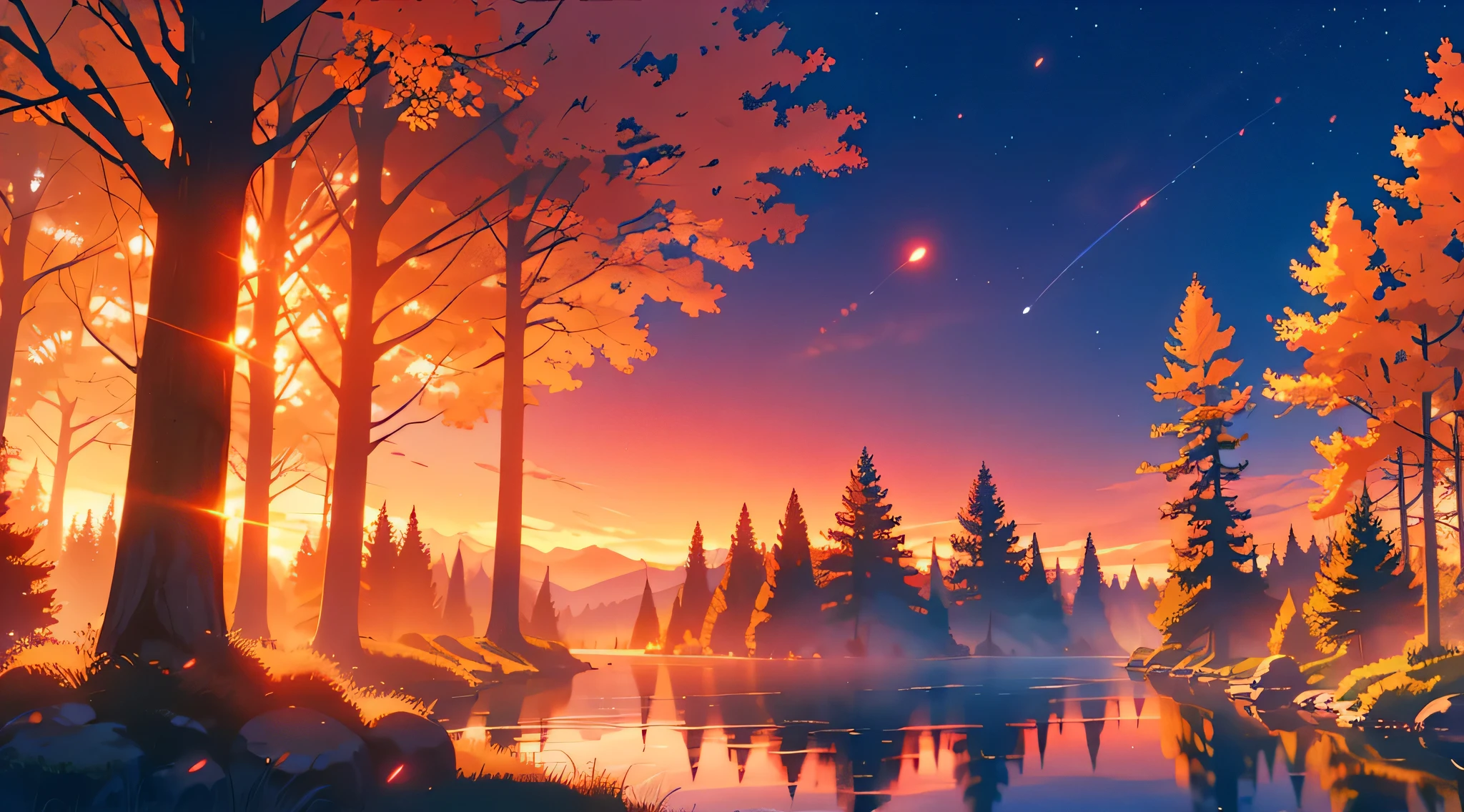 Generate a fantasy Forrest in the night light sunrise with a lake with the colors orange purple