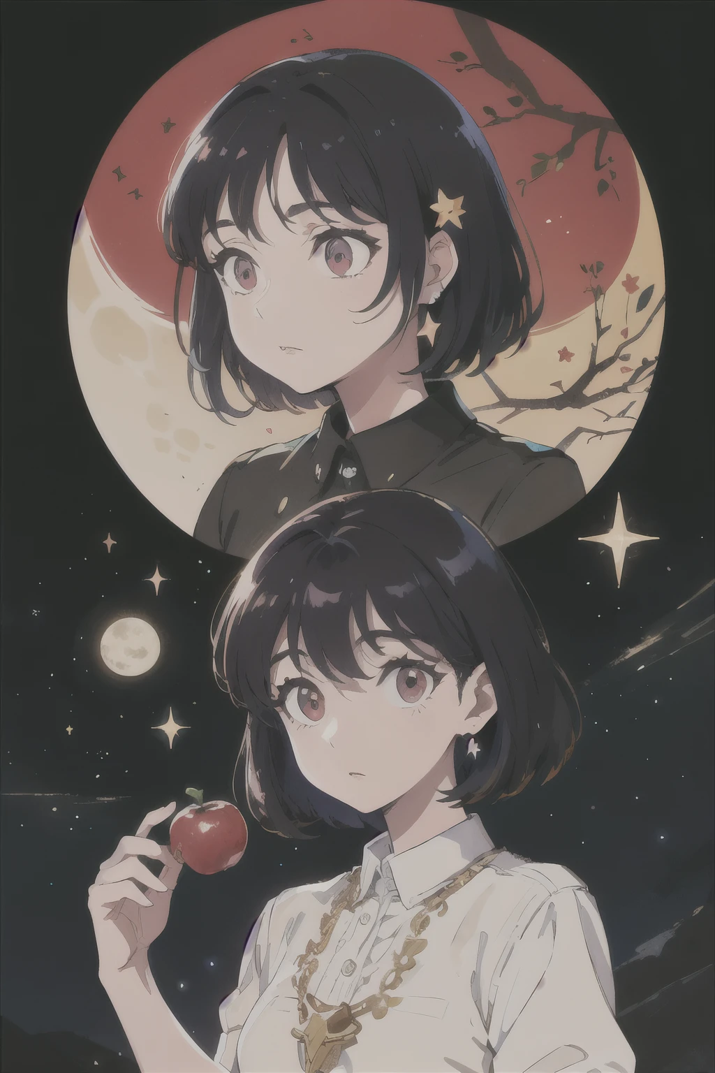 a white woman with short dark purple hair, has beautiful red eyes, who likes lychees, wears black clothes with a star and moon theme
