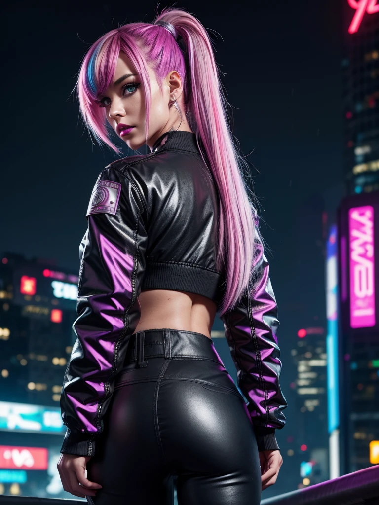 lucy \(cyberpunk\), 1girl, hair scrunchie, hime cut, silver hair, colored tips, full moon, grey eyes, jacket, long sleeves, looking at viewer, medium hair, multicolored hair, bangs parted, lips apart, pink hair, portrait, red eyeliner, red lips, solo, white jacket, Cyberpunk \ (series\), cyberpunk city rainy night neon flashing big ass