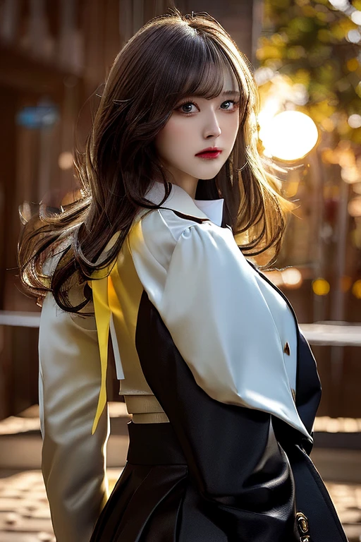 1girl, intricate detail, masterpiece, best quality, extremly detailed,cinematic lighting, beautiful detailed glow, finely detailed beautiful face and eyes, 8k, dark intense shadows, yellow eyes, medium hair, black hair, bangs, floating hair, black jacket, open jacket, white shirt, expressionless, yellow necktie, black skirt, spotlight, sunshine, sunrise, gradient sky, city, lens flare, cowboy shot, [[curvy]], [mature female]