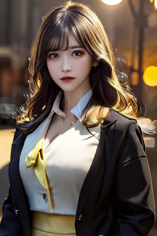 1girl, intricate detail, masterpiece, best quality, extremly detailed,cinematic lighting, beautiful detailed glow, finely detailed beautiful face and eyes, 8k, dark intense shadows, yellow eyes, medium hair, black hair, bangs, floating hair, black jacket, open jacket, white shirt, expressionless, yellow necktie, black skirt, spotlight, sunshine, sunrise, gradient sky, city, lens flare, cowboy shot, [[curvy]], [mature female]