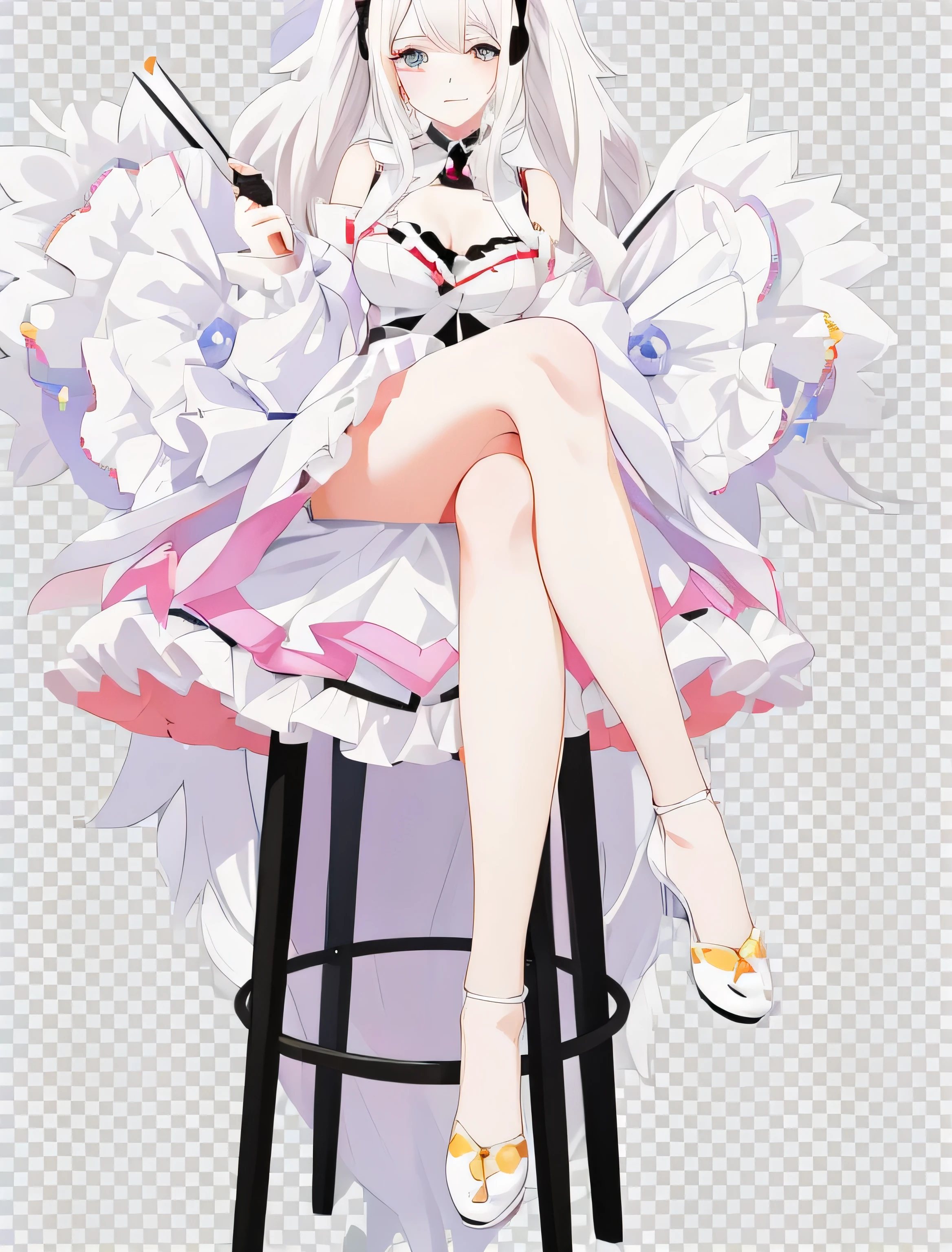 Anime girl with white hair and black stockings sitting on a stool, Meow three, White hair deity, Anime cute art style, Gaimoyedre, 平面style of anime阴影, 干净细致的style of anime, anime monster girl, Gaimoyedre grimdark, White hair, author:Anime painter studio, style of anime, Vector shadow anime