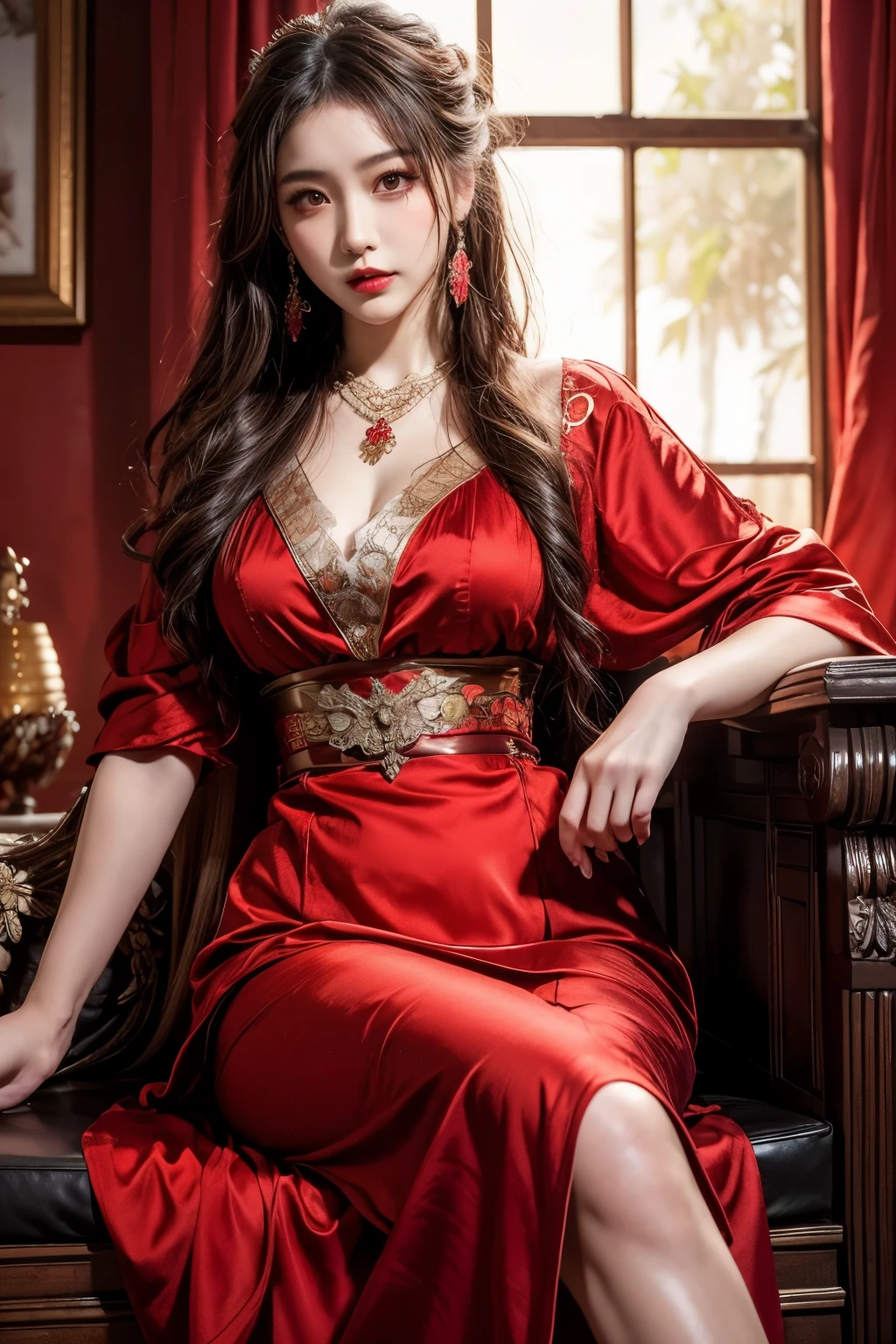 4k，A high resolution，tmasterpiece，best qualtiy，sit on chair，beautifullegs，antique style skirt，Red dress，Coiled hair，Expensive，enchanted，Royal sister，Break through the sky