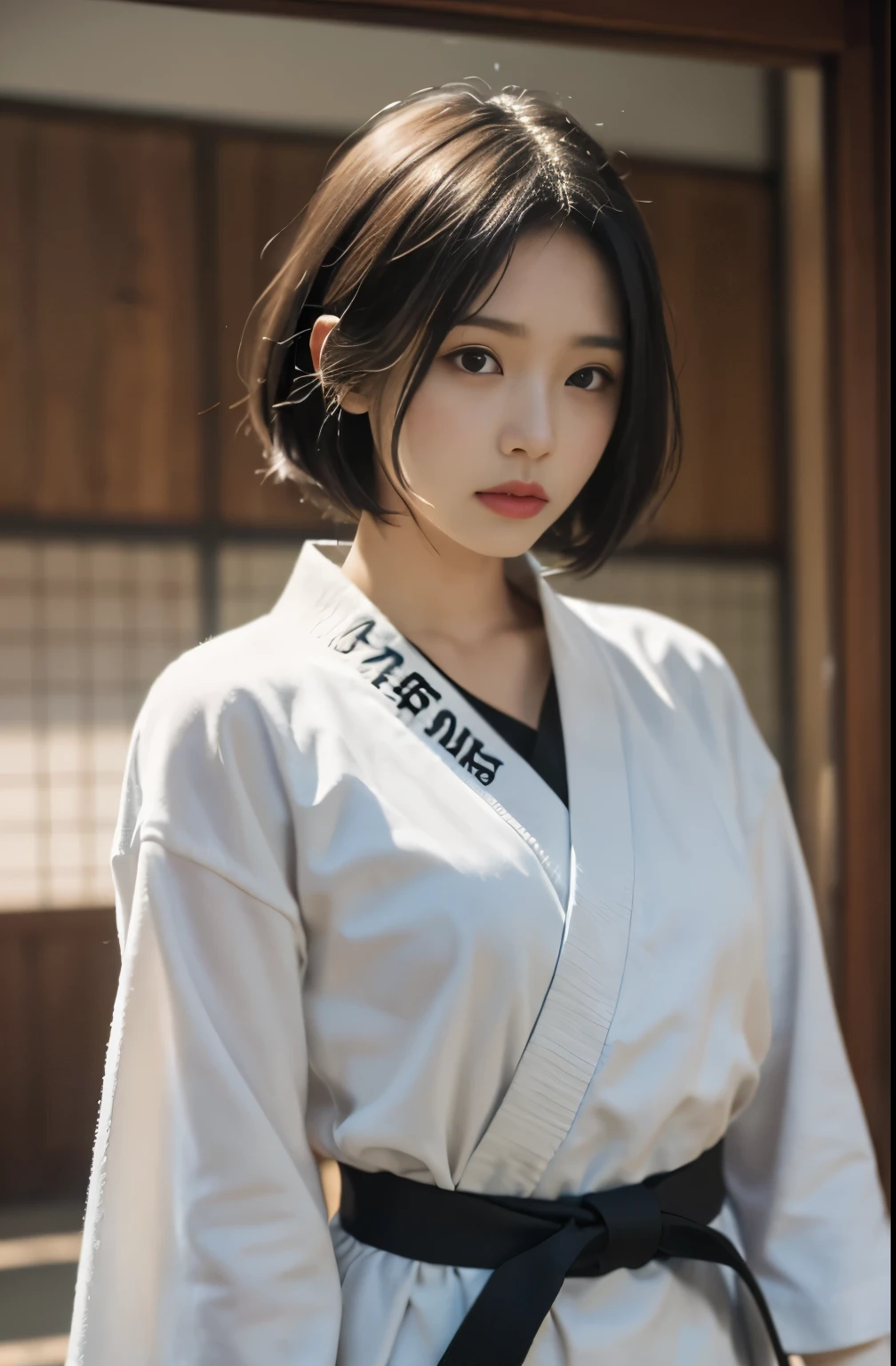 (8K、Raw photo、picture quality、、、、、、masutepiece:1.2)、(realisitic、Photorealsitic:1.37)、Japan female judoka、Black belt white judogi、Cowboy composition、Frontal line of sight、Tatami room in the dark、solemnity、Intimidating appearance、Dignified atmosphere、Muscular upper body、Menacing posture、Bob Hair、angry expressions