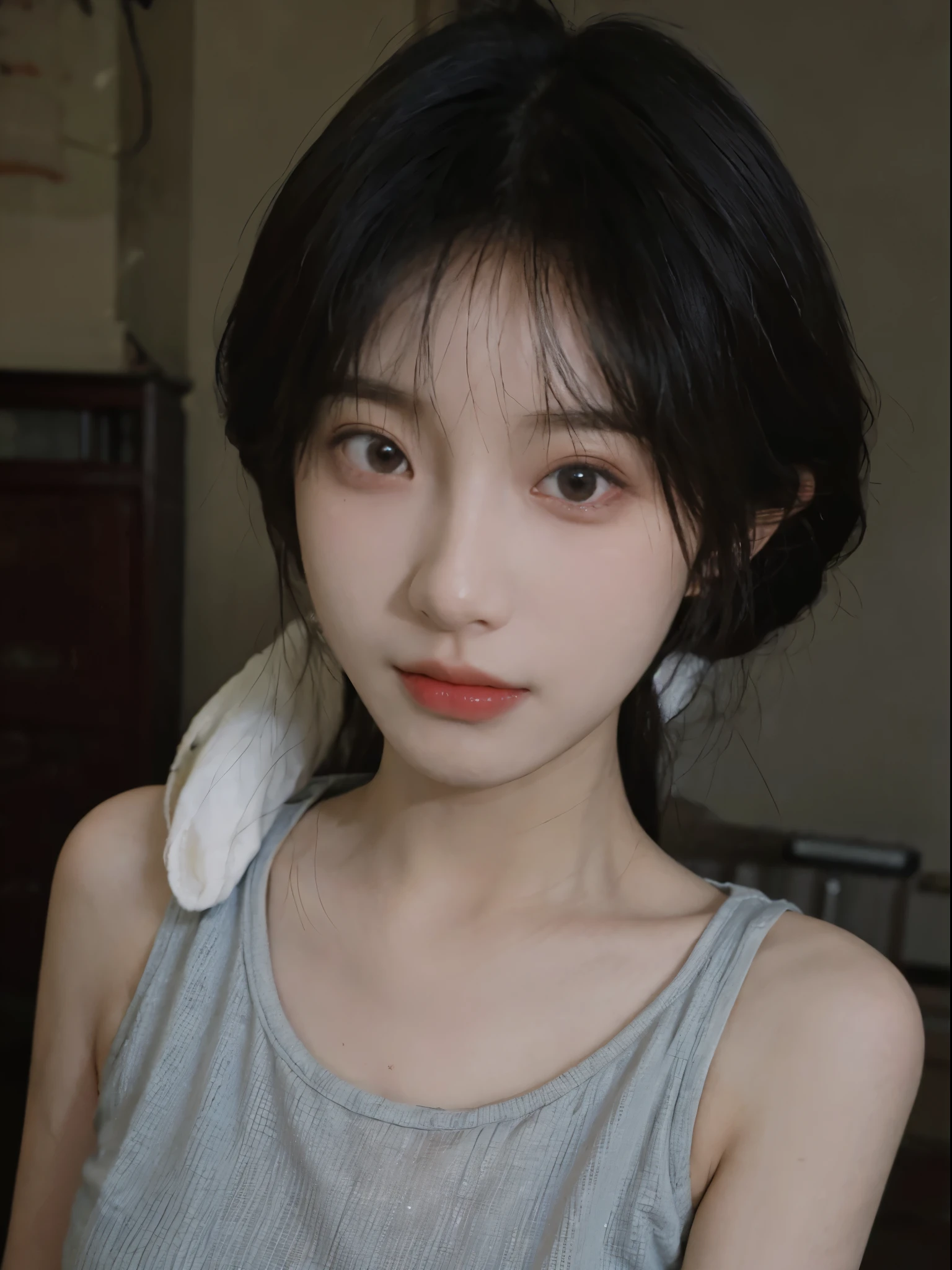 super high image quality，8K，Close-up of a woman with long hair and white tank top, jinyoung shin, Cute and delicate face, Urzans, beautiful Korean women, author：Against the sky, author：Zhang Han, xintong chen, Korean girls, young and lovely Asian face, by Ye Xin, beautiful young korean woman, Beautiful and delicate face, ruan jia beautiful!, Avatar avatar