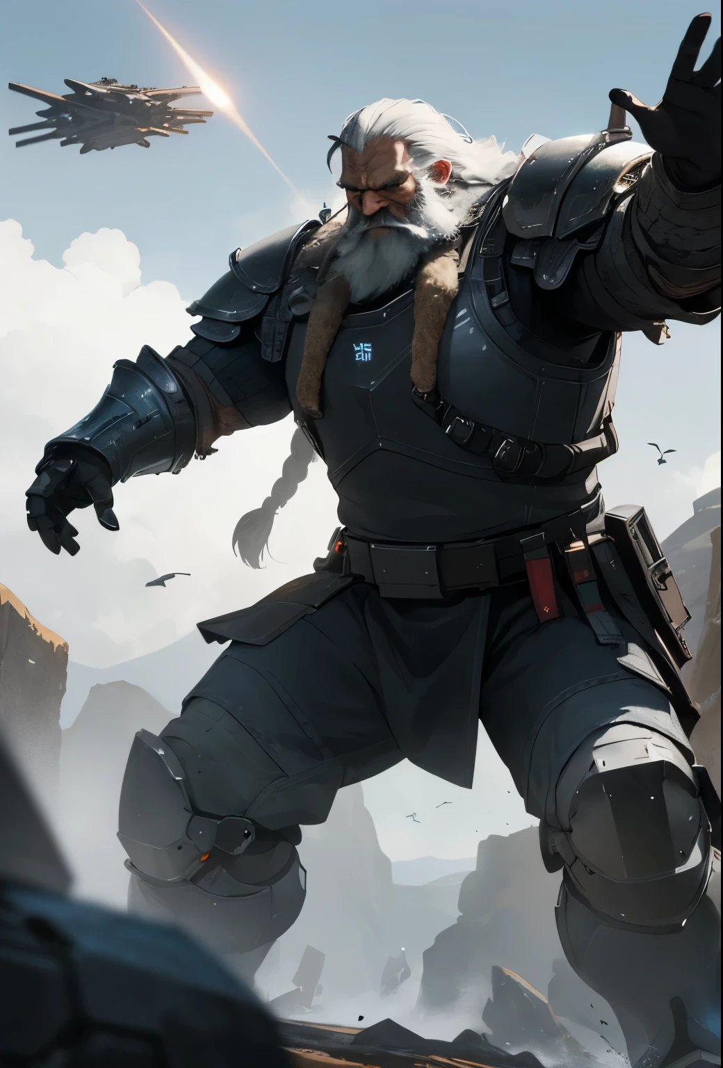 modelshoot of middle aged black bearded viking, scifi battle armour, fighting pose,  futuristic background, highly detailed, spaceships in background.