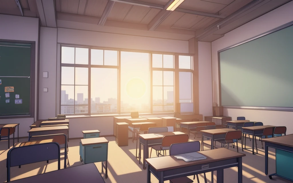 a living room filled with furniture and a large window, concept art, by senior environment artist, shutterstock, paris school, typical anime classroom, bright render, late morning, kyoto animation still, empty office, high-res, school class, full morning sun, hyperrealistic picture, classroom, close scene