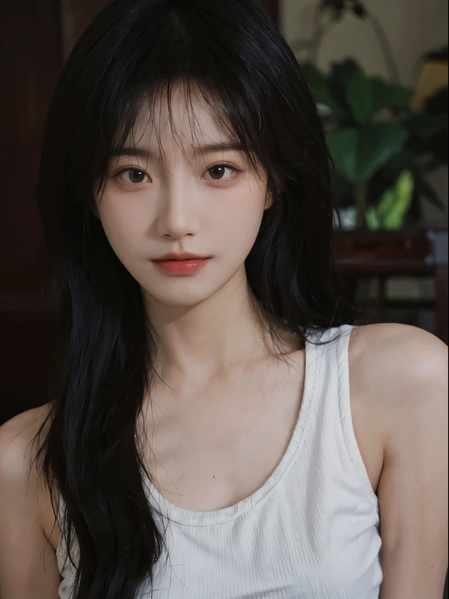 super high image quality,8K,Close-up of a woman with long hair and white tank top, jinyoung shin, Cute and delicate face, Urzans, beautiful Korean women, author:Against the sky, author:Zhang Han, xintong chen, Korean girls, young and lovely Asian face, by Ye Xin, beautiful young korean woman, Beautiful and delicate face, ruan jia beautiful!, Avatar avatar