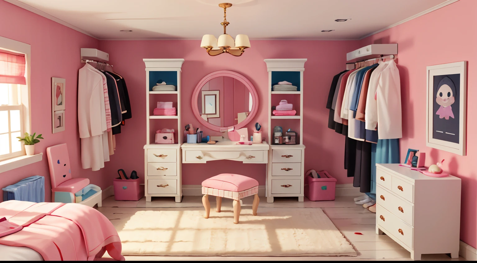 scene, casual game style, room,(The main colors are pink and white),telephoto lenses,unreal-engine,舒适的room内照明,电影灯光,Pixar set design,empty room,Wardrobe full of clothes,Make-up mirror,vanity table