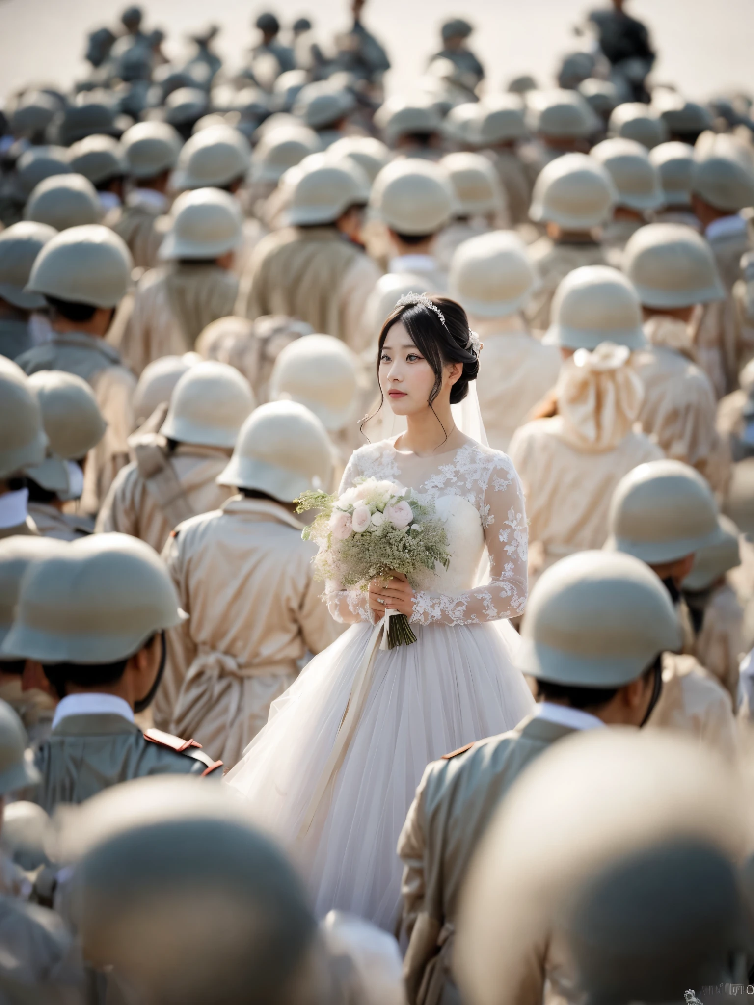 Bride in military uniform surrounded by other soldiers, still from live action movie, Prize-winning color photo, live action movie scene, jaeyeon nam, still from the movie, Award-winning color photography, perfect military composure, Historical drama, kim hyun joo, Wedding of the apocalypse, historically accurate, Shot with Canon EOA 6 D Mark II, movie still 8 K