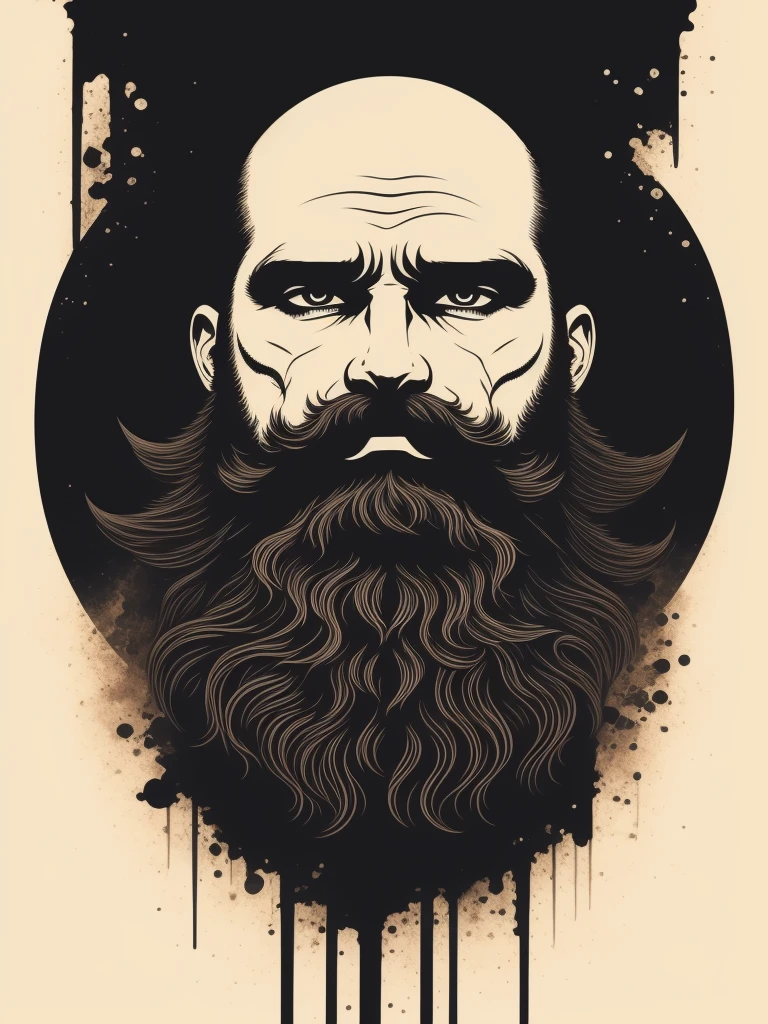 Slull, t-shirt art, 2D, ((black background :1, 5)), vector, vivid colors, masterpiece, best quality, intricate details, perfect symmetrical face, realistic details,Full Beard, rim light, moonlight, cinematic shading, no background