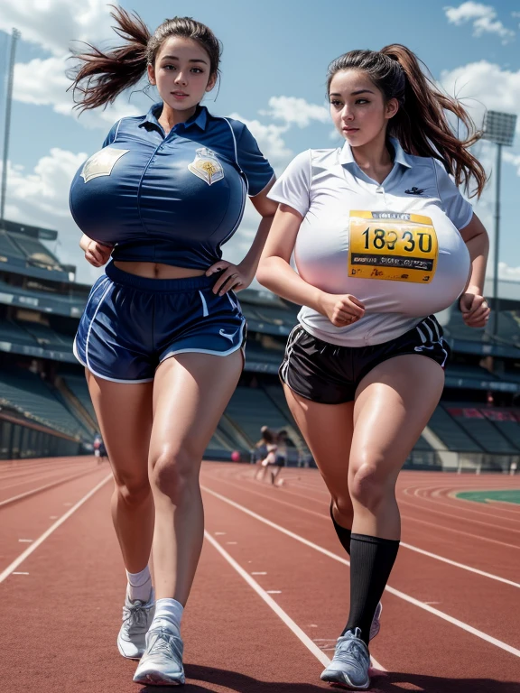 masterpiece, best quality, super detail, 4k, 1girl, 18 years old, at a running track, ((sports uniform, shirt, shorts))), gigantic breasts, (dynamic pose), add detail
