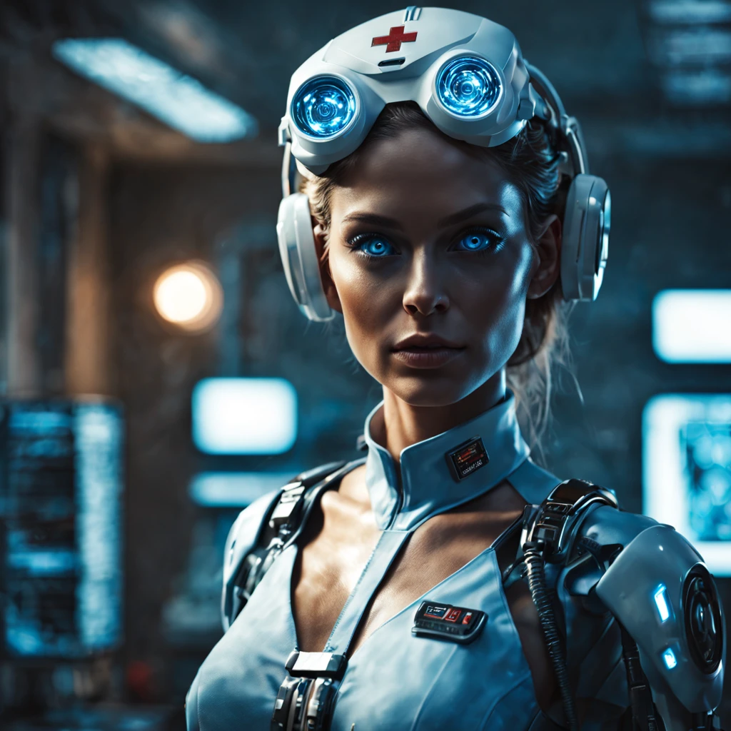Cinematic Waist Up Portrait of gorgeous female cyborg nurse in a small city clinic, detailed face, detailed cybernetic enhanced blue retinas, insanely detailed and intricate scene and cybernetic limbs, donning field  medic jumpsuit, ultra high resolution, octane render, octane lighting, cybernetic clear faceshield