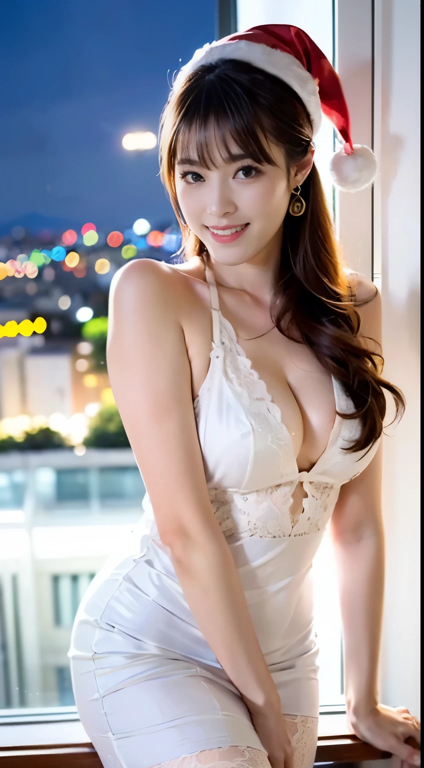 (((solo person))),(((A slender and beautiful gravure idol wearing a Santa hat and stilettos poses seductively by the window on the top floor of a hotel with a beautiful night view..))),(((Royals Astepiece:1.6))),(((ulzzang-6500))),(((perfect anatomia))),(((Deep depth of field with Hasselblad))),(((beautiful waistline))),masterpiece,top-quality,超A high resolution,High detailed full body portrait,(photographrealistic:1.4),(((High nose and chiseled beautiful face))),(((Long limbs like a model))),Fair skin is dazzling,(((white lace fabric tight long dress dress))),Tuck your chin, raise the corners of your mouth and smile happily..,((Full body shot from a super low position)),20yr old,cute little,long and shiny chestnut hair,((豊満なGカップバストとbeautiful waistline),(Close your mouth and smile happily),A detailed eye,(( Gravure photography)),((Take your eyes off the camera)),Cute big eyes and long eyelashes,Distinct double eyelids,((shiny thick lips)),(((perfect anatomia))),