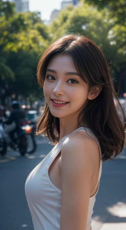 10, master-piece, RAW photo, bestquality, photorealistic portrait, extremely detailed cg unity 8k wallpaper, Depth of Field, cinematic light, lens flare, ray tracing, (Very beautiful face... , beautiful lips, beautidul eyes), Complex face details, ((ultra-detailed skin)) 1girls, In the dark, Deep Shadows, A Beautiful Girl, (The body is very slender.... :1.3), ((looking at the audience)),(big smile:1.3), Clear eyes, Front Shot, (pale skin), (Look very far ahead...., (upper body shot), (Brown cooked for the audience....:1.3), Very thin, mediuml breasts, thick thighs, Sphincter stockings, city scape,(Random costumes, ), (Random environment,nighttime,daylight), (environment,in the city,trees,market)