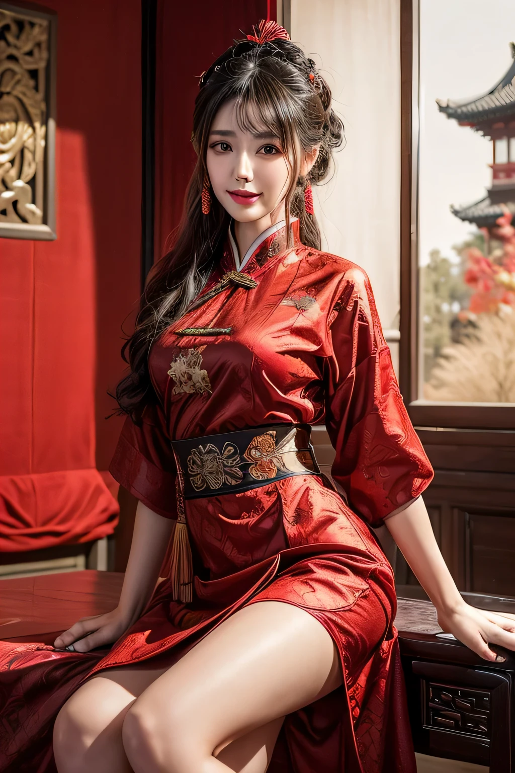 energetic smile, 4K，A high resolution，tmasterpiece，Best quality，Ancient Chinese style room background，sit on chair，pretty legs，classic style skirt，Red dress，curlies，dear，Obsessed，Imperial sister，Breaking through the sky，Yafei