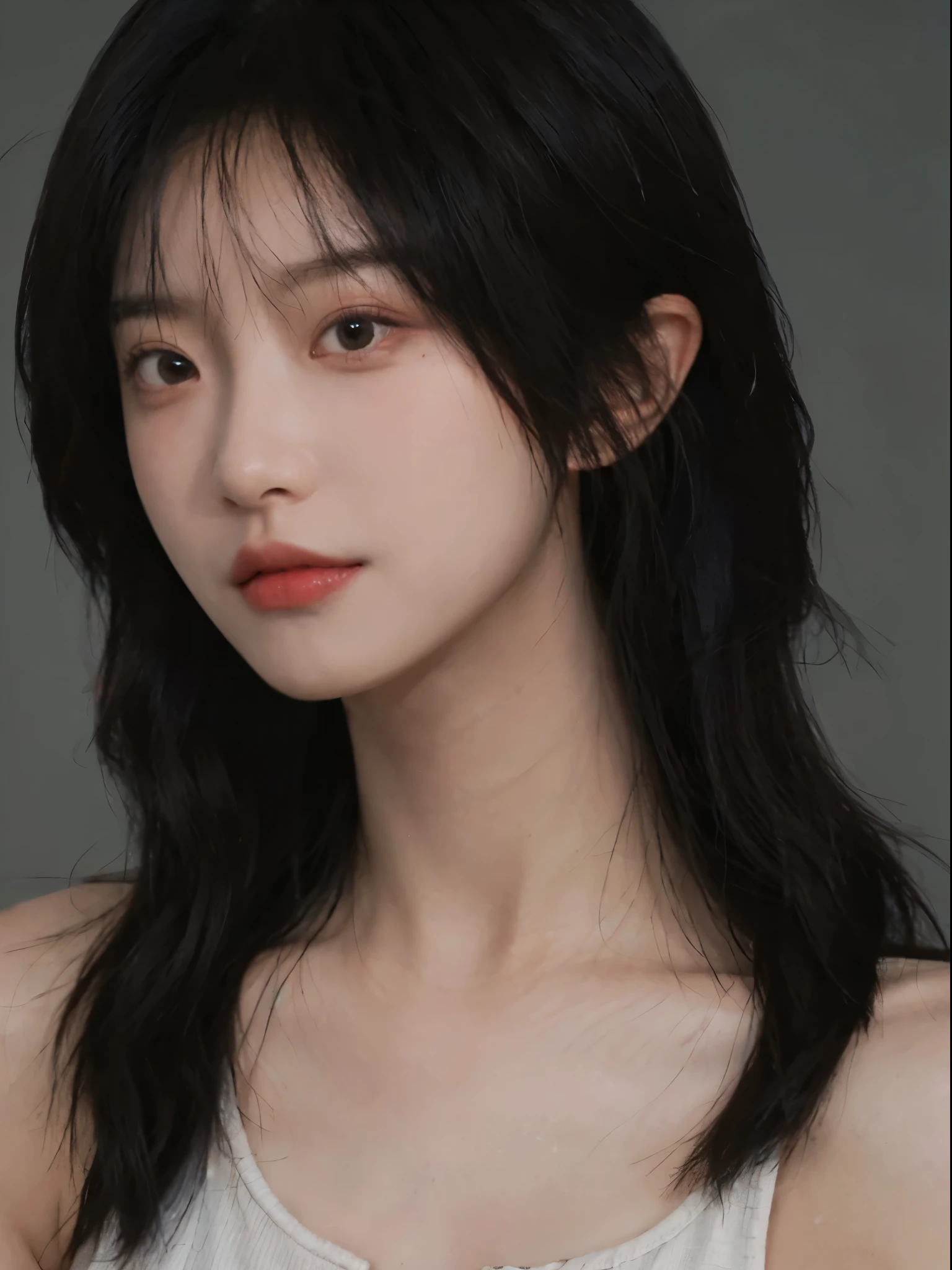 super high image quality,8K,Close-up of a woman with long hair and white tank top, jinyoung shin, Cute and delicate face, Urzans, beautiful Korean women, author:Against the sky, author:Zhang Han, xintong chen, Korean girls, young and lovely Asian face, by Ye Xin, beautiful young korean woman, Beautiful and delicate face, ruan jia beautiful!, Avatar avatar
