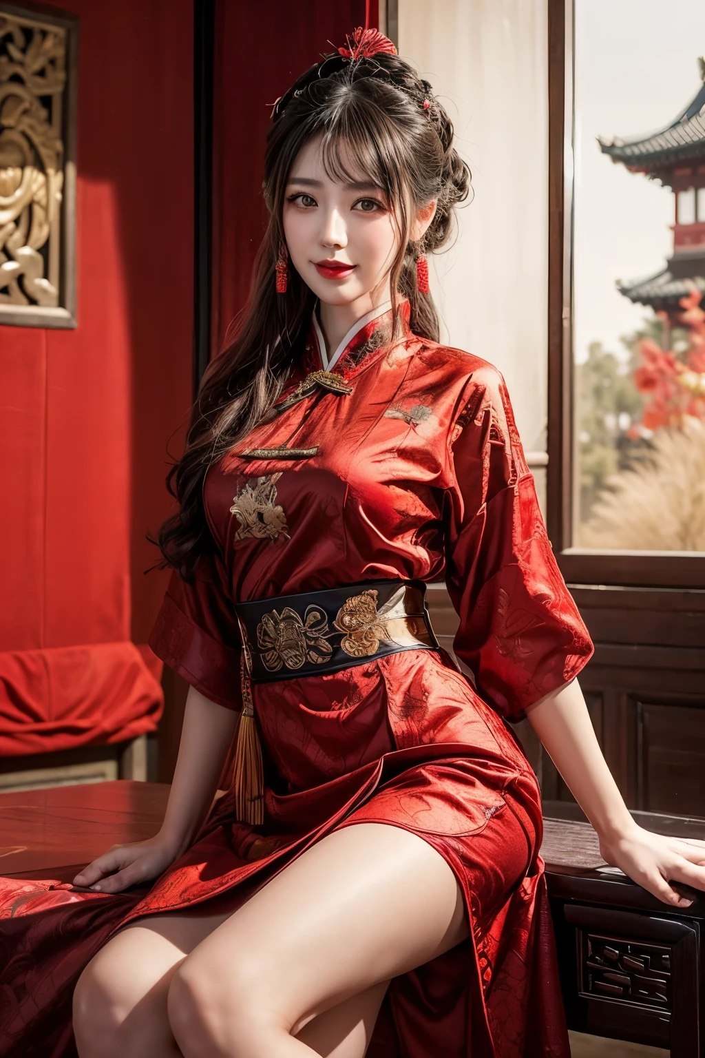 lusty  smile, 4k，A high resolution，tmasterpiece，best qualtiy，Ancient Chinese style room background，sit on chair，beautifullegs，antique style skirt，Red dress，Coiled hair，Expensive，enchanted，Royal sister，Break through the sky，Yafei