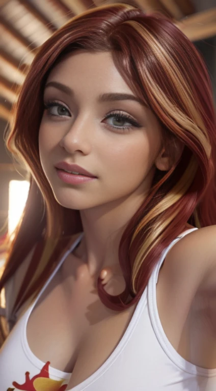 (Obra maestra, La mejor calidad, fotorrealista, Altas Resoluciones, Cinematographer, :1.3), Foto selfie de la parte superior del cuerpo, foco nítido, 1 chica morena, Chica europea, Modelo caliente, diafragma, Ojos berdes y pupilas altamente detallados, Piel realista, Forma delgada del cuerpo, escote, cabello extremadamente detallado, They are smiling, sexy, ((Camiseta con cuello en V)), interior, ((realista, super-realistic, realismo, Detalles realistas)) sunset shimmer , mlp , lindo maquillaje ,labios rojos , c abello largo rojo con mechas doradas , cuerpo completo , cuerpo sexy