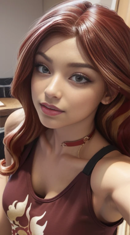 (Obra maestra, La mejor calidad, fotorrealista, Altas Resoluciones, Cinematographer, :1.3), Foto selfie de la parte superior del cuerpo, foco nítido, 1 chica morena, Chica europea, Modelo caliente, diafragma, Ojos berdes y pupilas altamente detallados, Piel realista, Forma delgada del cuerpo, escote, cabello extremadamente detallado, They are smiling, sexy, ((Camiseta con cuello en V)), interior, ((realista, super-realistic, realismo, Detalles realistas)) sunset shimmer , mlp , lindo maquillaje ,labios rojos , c abello largo rojo con mechas doradas , cuerpo completo , cuerpo sexy