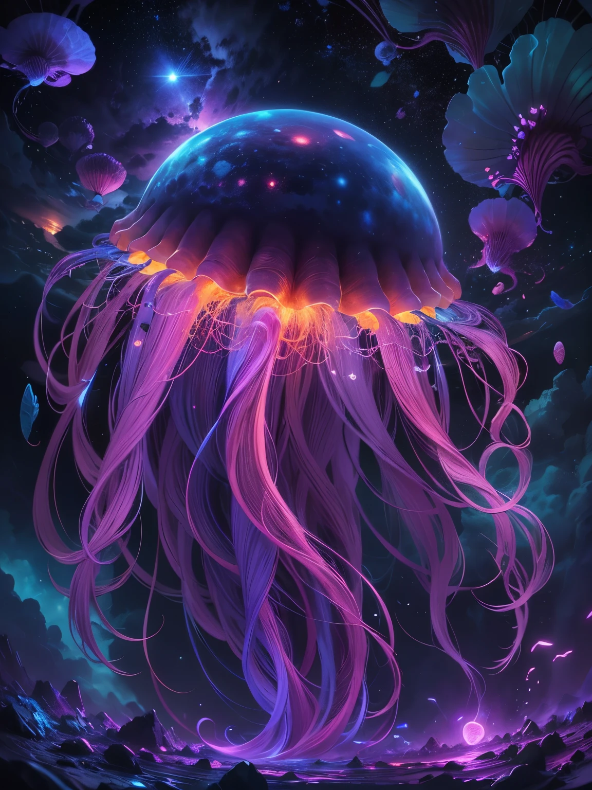 (Best quality at best,A high resolution:1.2),ultra - detailed,Photorealistic:1.37,Ethernet media,glowing celestial beings, Fascinating and magical, magnificent and colossal proportions, Emits vibrant ionizing light, EtherealBeauty, Glowing eyes of bioluminescent organisms, a cosmic jellyfish, vivd colour, interstellar luminosity