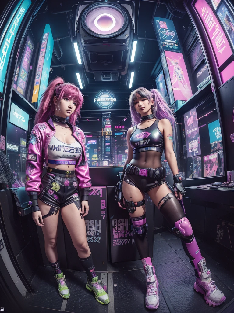 gostaria de uma imagem estilo cyberpunk em 4k de um ,medium shot of two female characters,Mulheres, forte, de pele negra ,com cabelo punk estilo anos 80 na cor amarelo e cinza escuro,muito eLegante,, futurista e estiloso neon , com uma tatuagem super colorida e com neon ,Toattoo, facing a metro station on the platform , with station lights failing in a dimly lit environment, standing dressed in a dark yellow suit with a pink bow tie