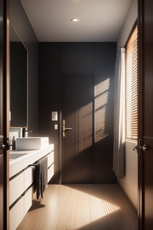"Luxury, modern bathroom interior design with a bit of sophistication and elegance, black and gray wood paneling.",day, 8k uhd, dslr, soft lighting, high quality, film grain, Fujifilm XT3, ultra high res.photorealistic:.1.4,UHD