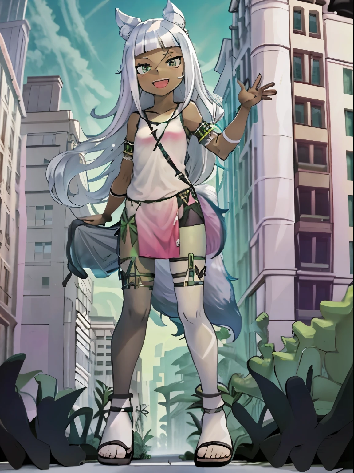 Ochette, girl, dark skin, white hair, green eyes, giantess, huge, small viewer, 70 ft tall, cute, full body, best quality, pink dress, metal bracelets, larger than buildings, flat ground, street, ground visible, black shorts, wearing shorts, adorable, kind, gentle, empty hands, small build, slim, smiling, detailed mouth, size difference, standing over skyscrapers, sandals, tiny city, socks, loose clothes, perfect proportions, wolf tail