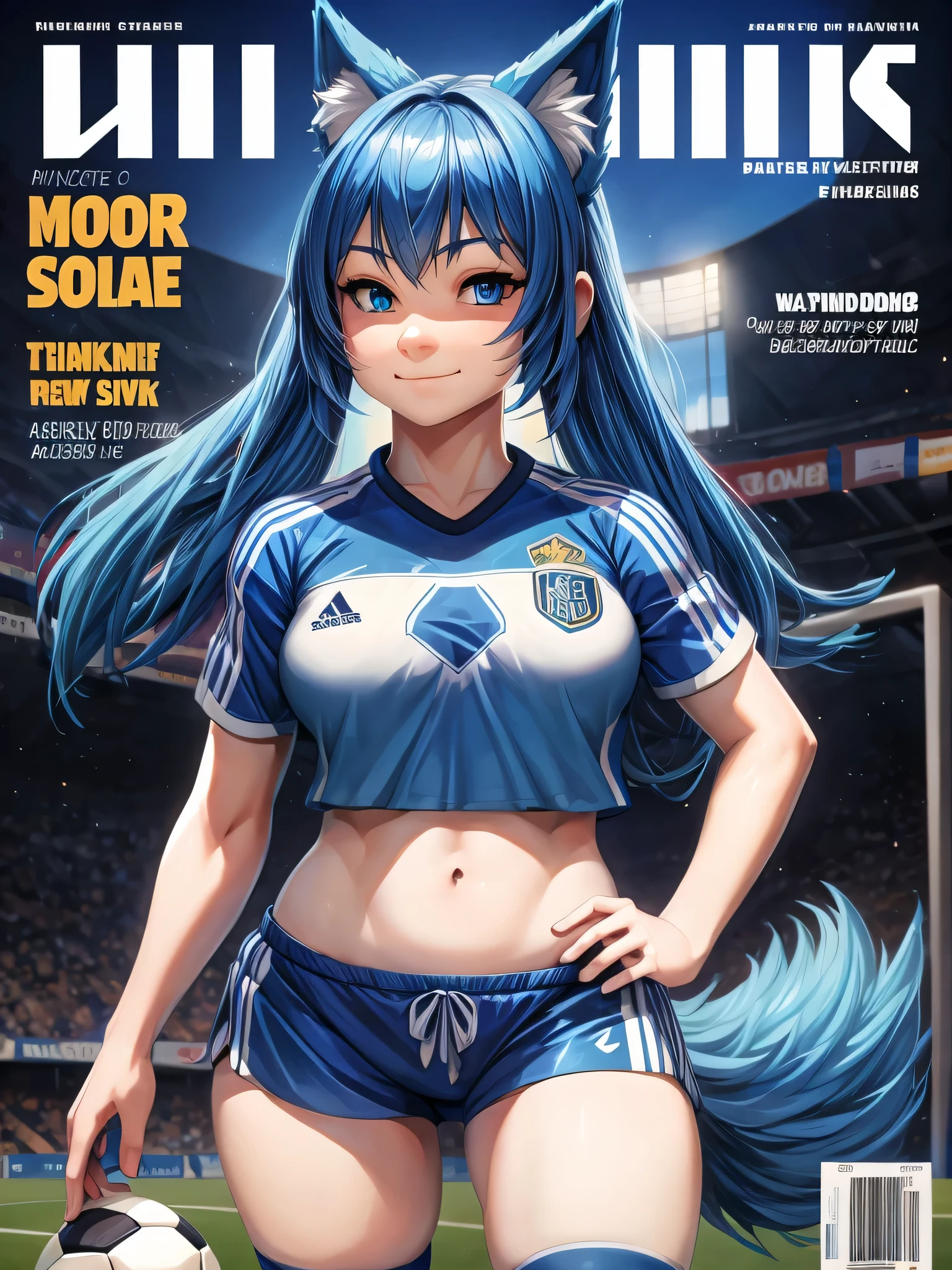 (Masterpiece) (High Detail) (High Res) Close up of A short humanoid girl with pale human skin and blue eyes and long blue hair and blue dog ears and a big fluffy dog tail and average breasts. Magazine cover. She is stood wearing a soccer kit with a blue soccer jersey and a blue pair of soccer shorts and long knee high soccer socks. She is holding a soccer ball. Sports background Magazine cover.