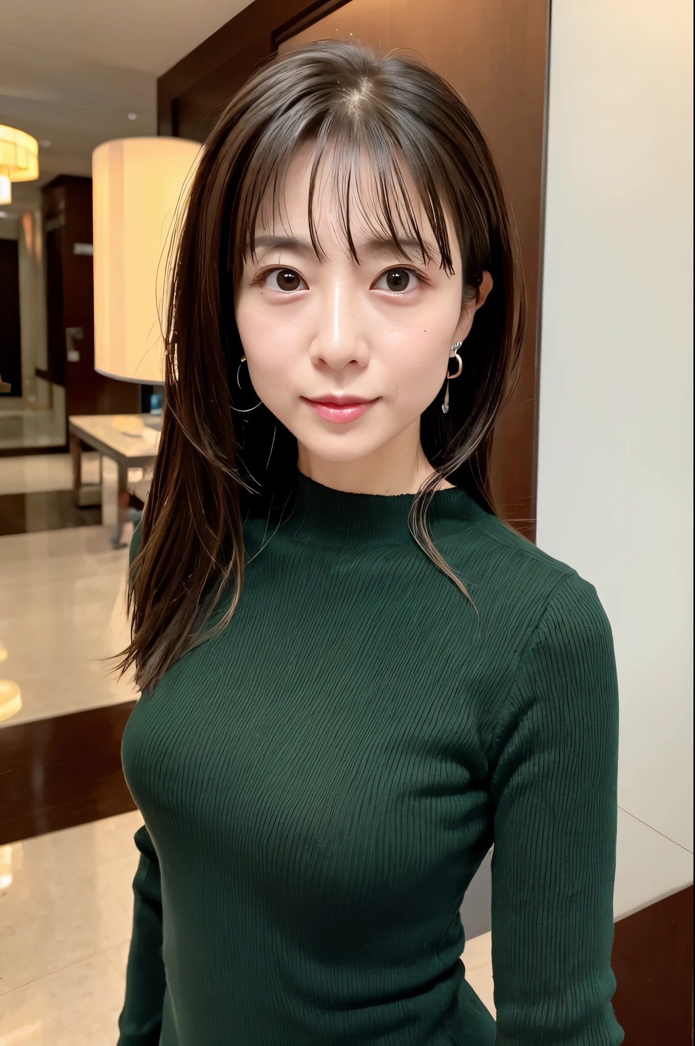 (High reality photograph, high resolusion, detailed face, detailed eyes) Skinny Japanese lady, 40 years old, cute face, various face expression, various hair style, skinny figure, very small breasts, very thin waist, in a hotel lobby, tight knit dress