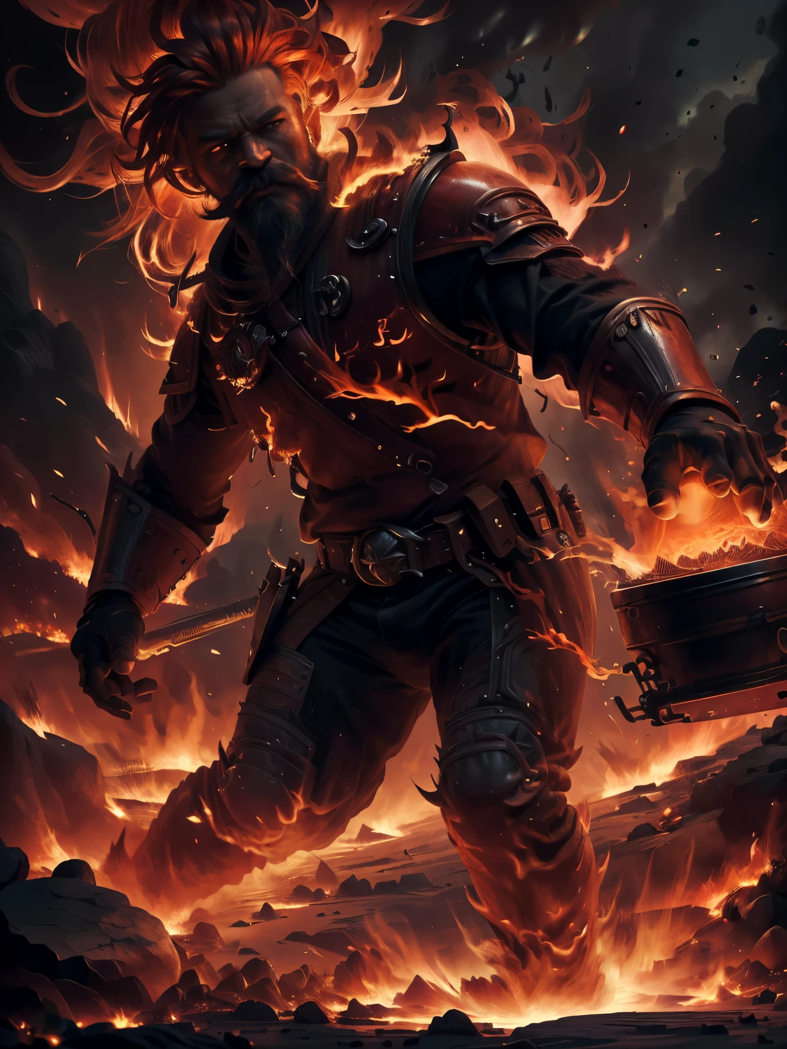 (best quality,4k,8k,highres,masterpiece:1.2),ultra-detailed,(realistic,photorealistic,photo-realistic:1.37),male,strong,fire genasi,red skin,(intense,flaming,burning:1.1) aura,(fiery,majestic,impressive,glowing:1.1) moustache,2 pistols,DnD,blacksmith,artificer