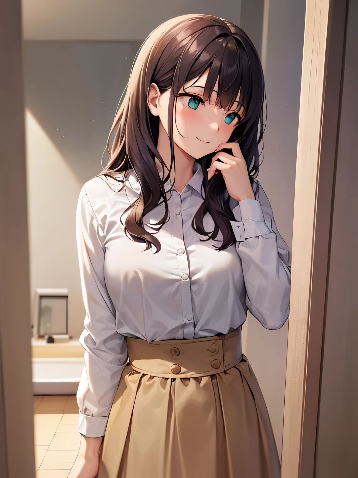dutch angle, Placing hand on face, (looking away:1.5), Staring、​masterpiece、top-quality、 A 40-year-old green-eyed woman with wavy lobed brown bangs.、Wearing a white blouse、wearing a beige skirt、blush, smile, The background is indoors、(is standing:1.3)、Bold composition、Alone、