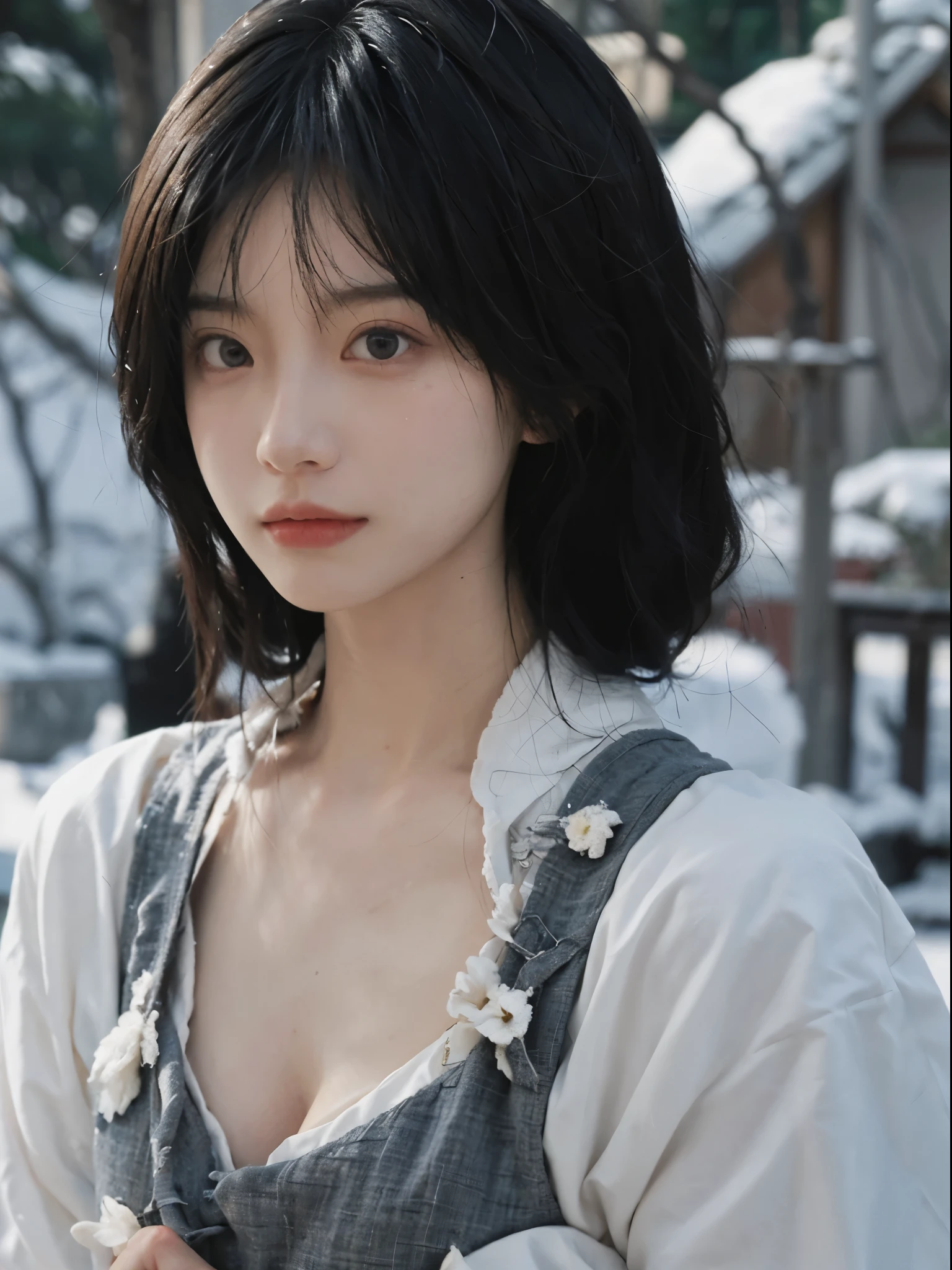 Best quality, 超高分辨率, (realistically:1.4), girl, A pair of eyes as clear as snow,Imperial sister,Black long straight,校服, looking at viewert, closeup cleavage ,