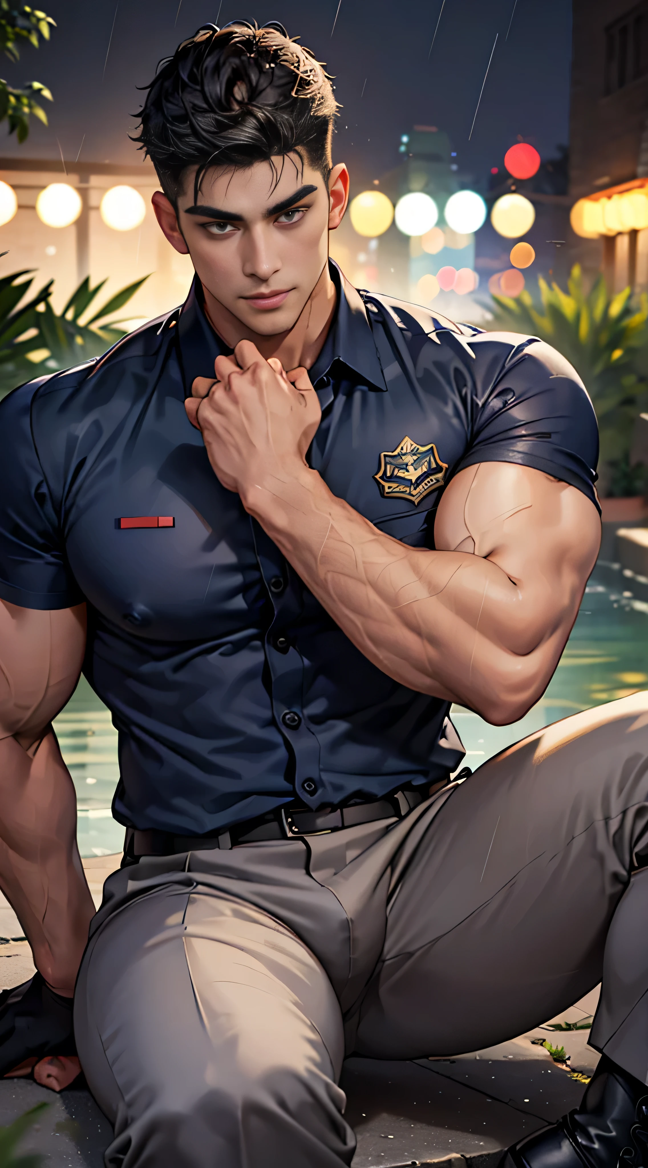 20-year-old boy, Korean male officer, handsome ,Wear a dark navy short-sleeved shirt..., Dark navy trousers, Black boots and dark navy gloves, sit on the ground, His legs spread apart..., Police Logo, tight breasts, Muscle Man, ((The arm muscles are very large...)), large boobs, Wide shoulders, open legs, Hold the bulge firmly with both hands..., Large long bulge pointing upwards..., Sexually suggestive, (Dynamic Poses:1.1), thights, (Embossed Focus:1.2), It's raining, Mud Pond, Best qualtiy, Wide lens, deep depth of field, Bokeh background