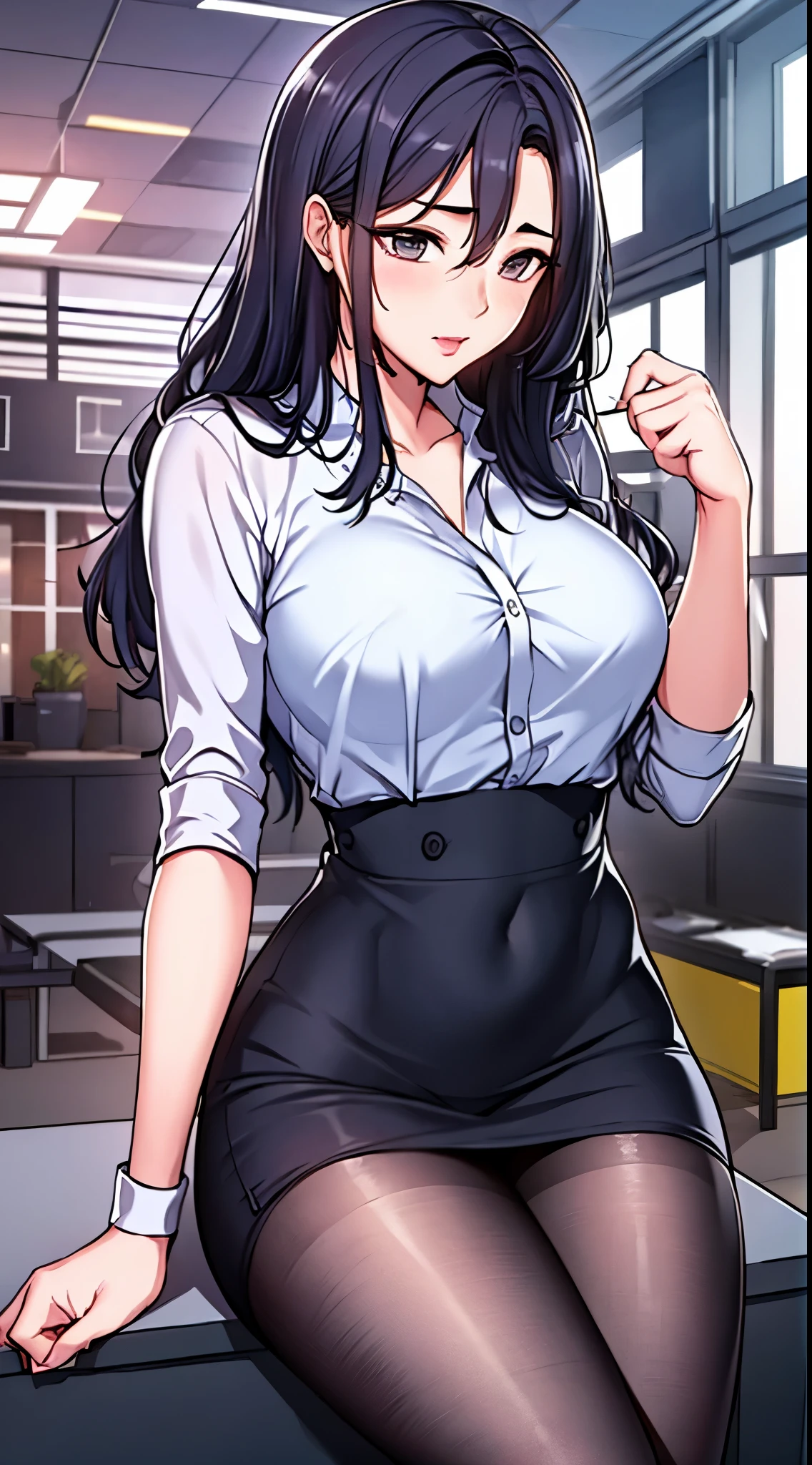 (8K, RAW photos, Best quality, tmasterpiece:1.2),1 Sister,Alone,,cabelos preto e longos,black hair color hair, ,Lop,white  shirt,pencil skirts,black pantyhoses,,sitted, Office room,looking at viewert,