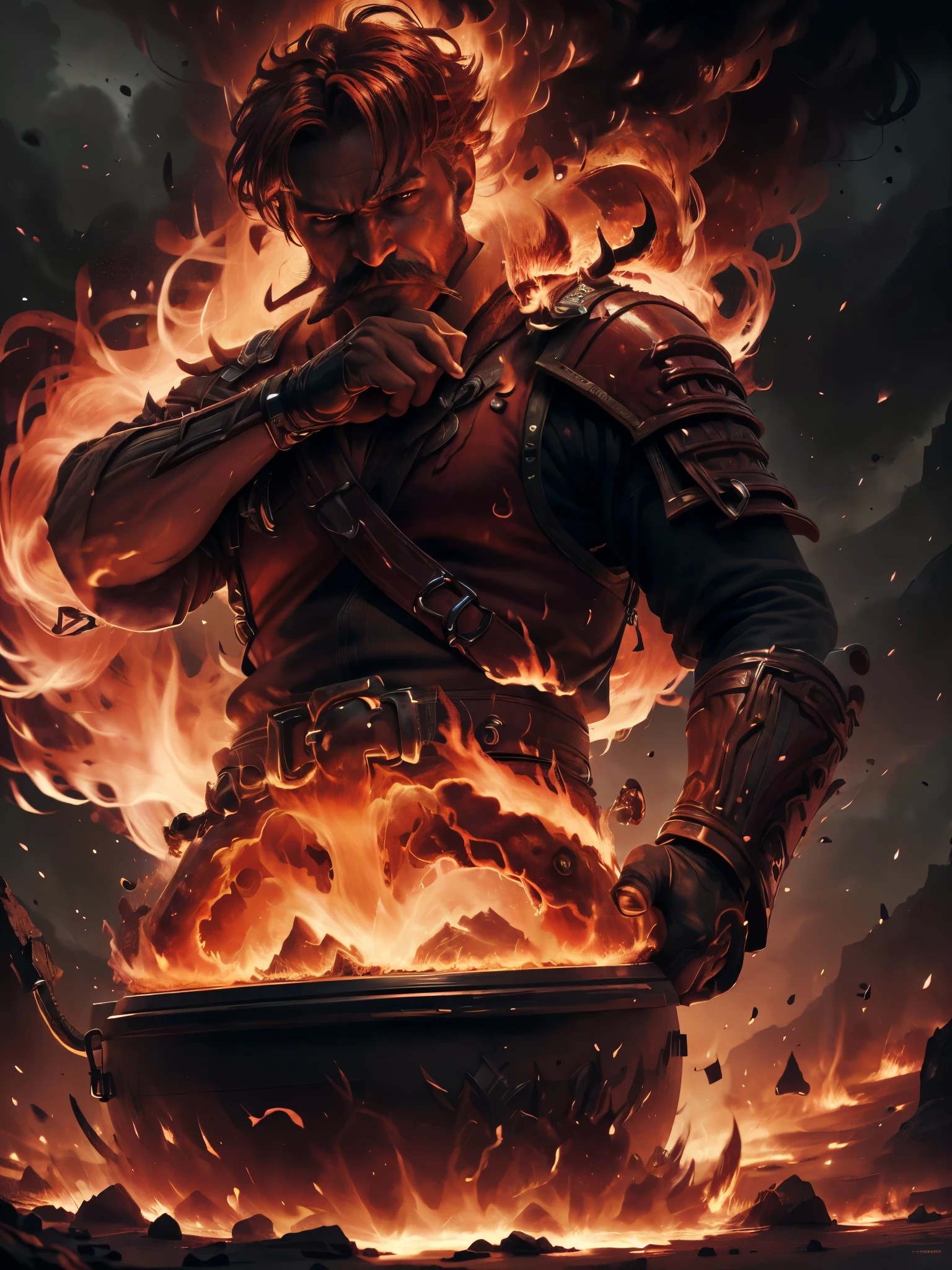 (best quality,4k,8k,highres,masterpiece:1.2),ultra-detailed,(realistic,photorealistic,photo-realistic:1.37),male,strong,fire genasi,red skin,(intense,flaming,burning:1.1) aura,(fiery,majestic,impressive,glowing:1.1) moustache,2 pistols,DnD,blacksmith,artificer