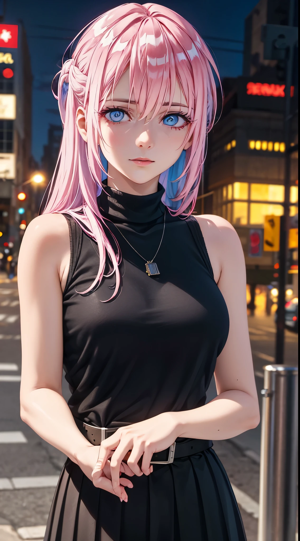 1girl, Shikimori, sweater, turtleneck sweater, sleeveless, necklace, skirt, pleated skirt, black skirt, black belt, long hair, pink hair, looking at viewer, highly detailed background, (photo realistic:1.2), detailed eyes, red eyeshadow, depth of field, symmetry eyes, (ulzzang-6500:0.7), upper body, (solo:1.2), (cyberpunk city:1.1), ((left hand on left cheek)), ((young female)), perfect face, beautiful face, colorful, beautiful blue eyes, sexy shy expressions, sitting, good hand,4k, high-res, masterpiece, best quality, head:1.3,((Hasselblad photography)), finely detailed skin, sharp focus, (cinematic lighting), night, soft lighting, dynamic angle, [:(detailed face:1.2):0.2],(((city background))),