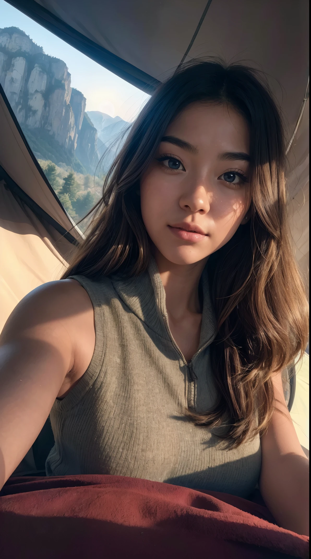 1 woman, adore Japanese girl, beautiful, ((upper body selfie, happy)), Shooting in a tent, Beautiful backlight, Tent Open Sign, Masterpiece, Best Quality, Ultra-detailed, Solo, exteriors, (natta), mountains, Nature, (sao, the moon) cheerful, happy,, Cosy in a sleeping bag, Inside the tent, When you open the tent, You can see some nice horsemen outside.., woods, rock formations, rivers, wood, smoke, shadowy, contrast, clear skies, analog style (looking up at viewer:1.2) (skin texture) (film grain:1.3), (warm hue, warm tone:1.2), close-up, Cinematic light, Sidelighting, The ultra-Highres, best shadows, .....raw, upper half body, wearing pullover, Relaxed and intimate photos, with long blond hair, (A wide range of fashions),