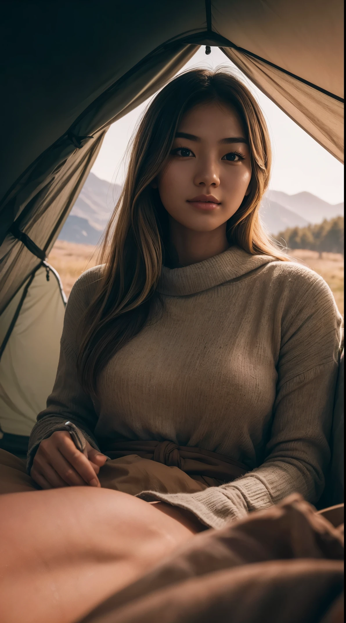 1 woman, Korean, beautiful, ((upper body selfie, happy)), Filming in a tent, Beautiful backlight, Tent Open Sign,Masterpiece, Best Quality, Ultra-detailed, Solo, exteriors, (natta), sleeveless, mountains, Nature, (sao, the moon) cheerful, happy,, Cosy in a sleeping bag, Inside the tent, When you open the tent, You can see some nice horsemen outside.., woods, rock formations, rivers, wood, smoke, shadowy, contrast, clear skies, analog style (looking up at viewer:1.2) (skin texture) (film grain:1.3), (warm hue, warm tone:1.2), close-up, Cinematic light, Sidelighting, The ultra-Highres, best shadows, ..raw, upper half body, wearing pullover, Relaxed and intimate photos, blonde hairs,