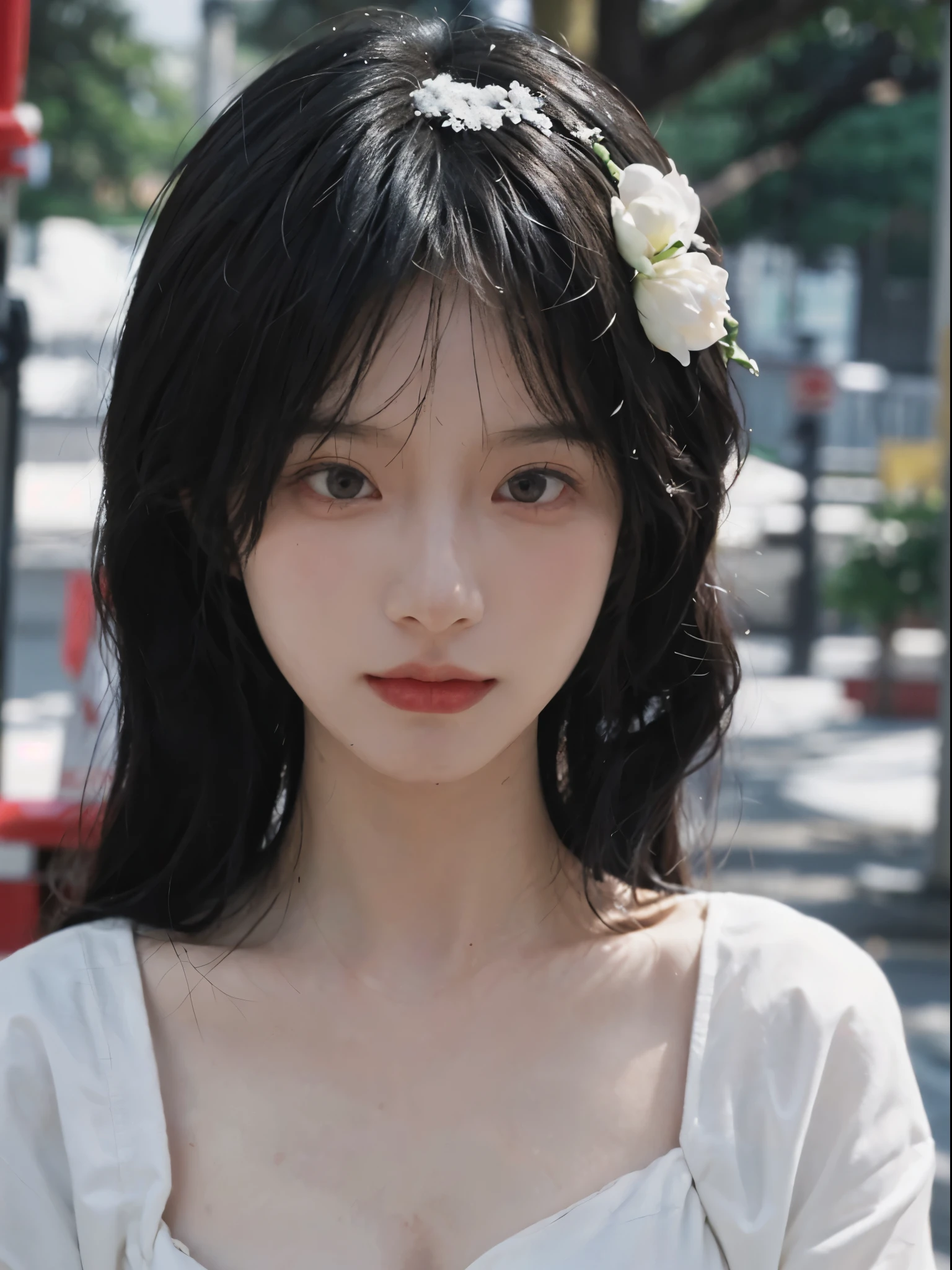 Best quality, 超高分辨率, white backgrounid,(realistically:1.4), girl, A pair of eyes as clear as snow,Imperial sister,Black long straight, looking at viewert, closeup cleavage ,