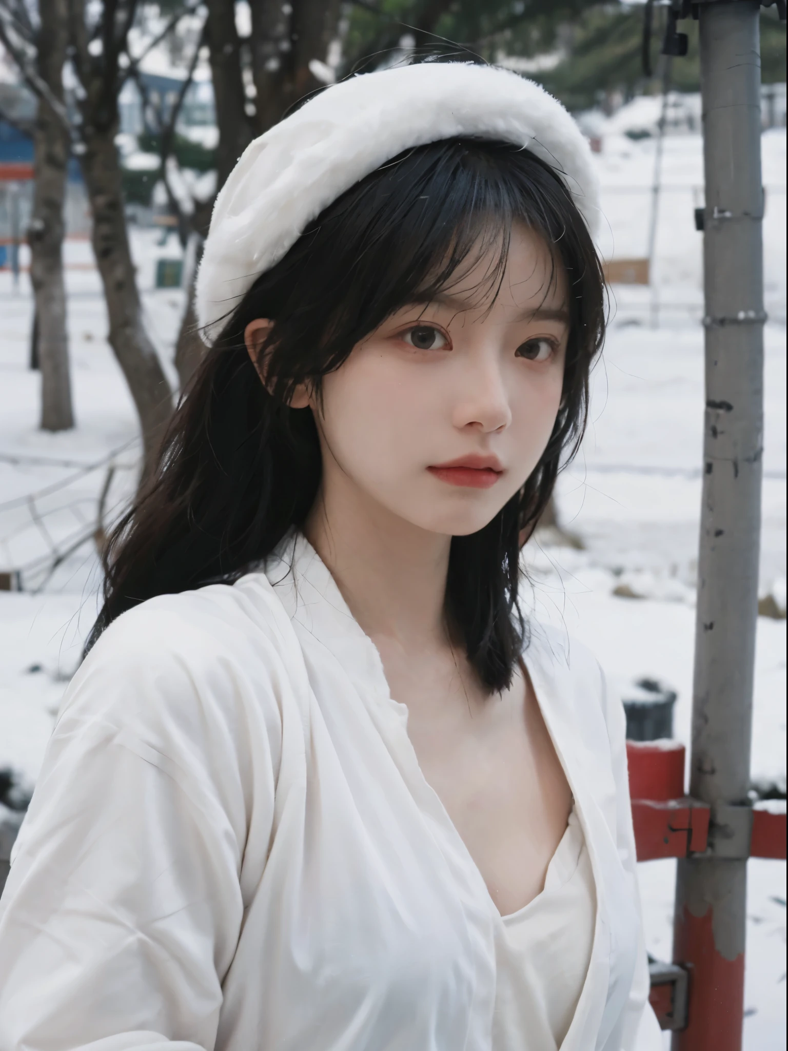 Best quality， 超高分辨率， white backgrounid，（realistically：1.4）， girl， A pair of eyes as clear as snow,Imperial sister，Black long straight， looking at viewert， closeup cleavage ，