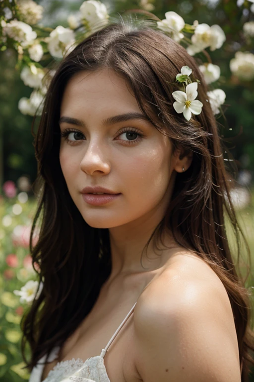 realistic photo of a beauty on a background of flowers