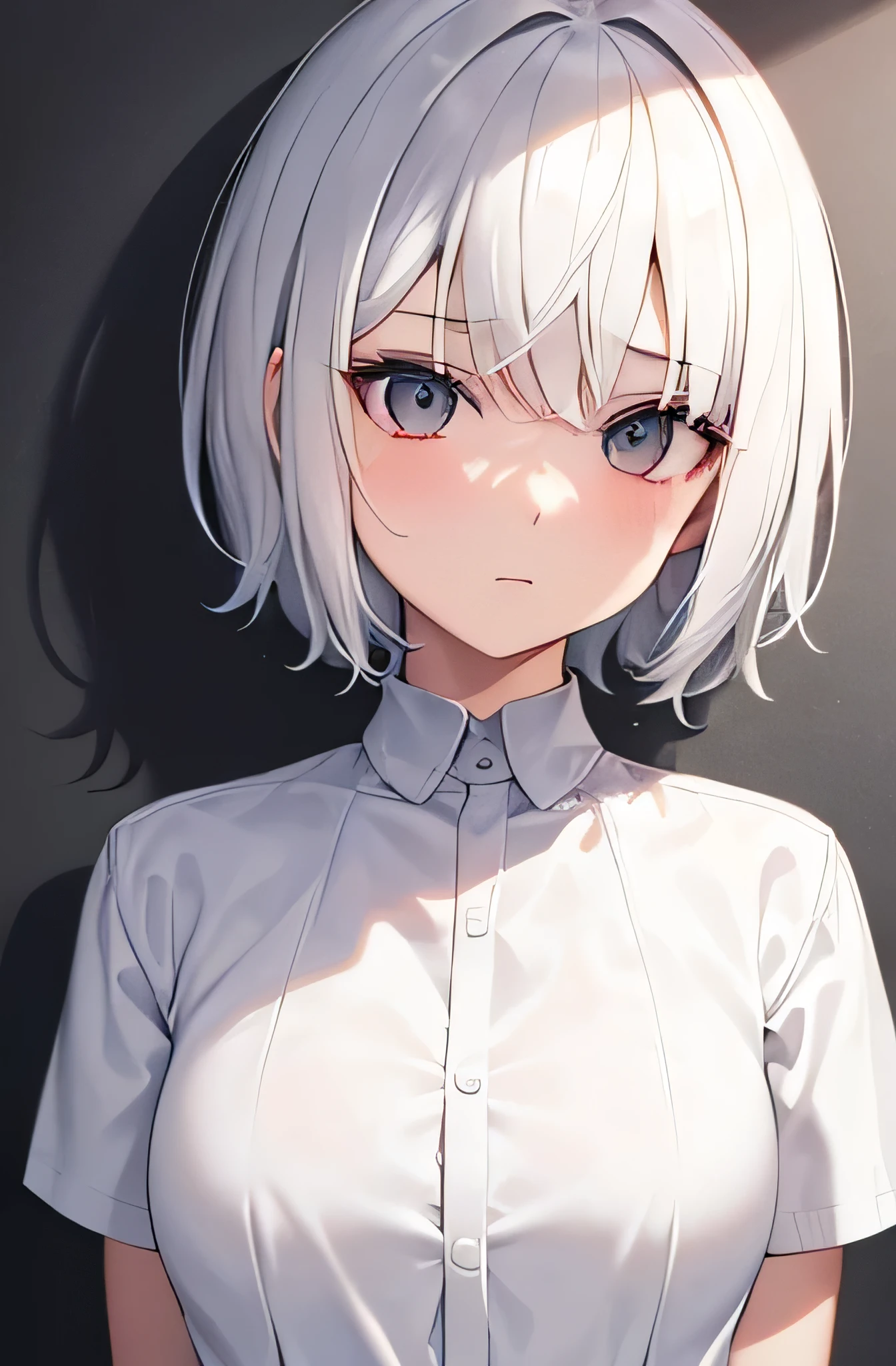 1girl, short white hair, white eyes, wearing a plain white shirt, expressionless, high res, ultrasharp, 8K, masterpiece, looking at viewer